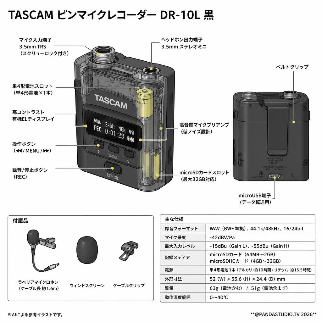 TASCAM ピンマイクレコーダー DR-10L 黒 スペック