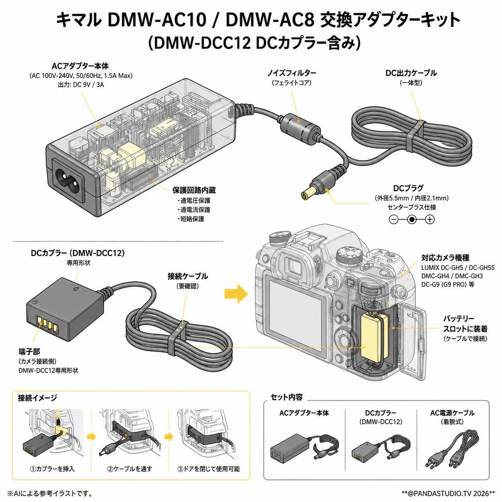 Kimaru DMW-AC10 DMW-AC8 交換アダプターキット(DMW-DCC12 DCカプラー含み) スペック