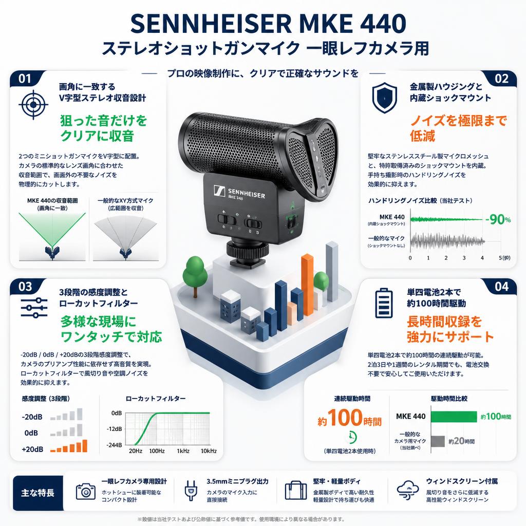 SENNHEISER MKE 440 ステレオショットガンマイク 一眼レフカメラ用 セールスポイント