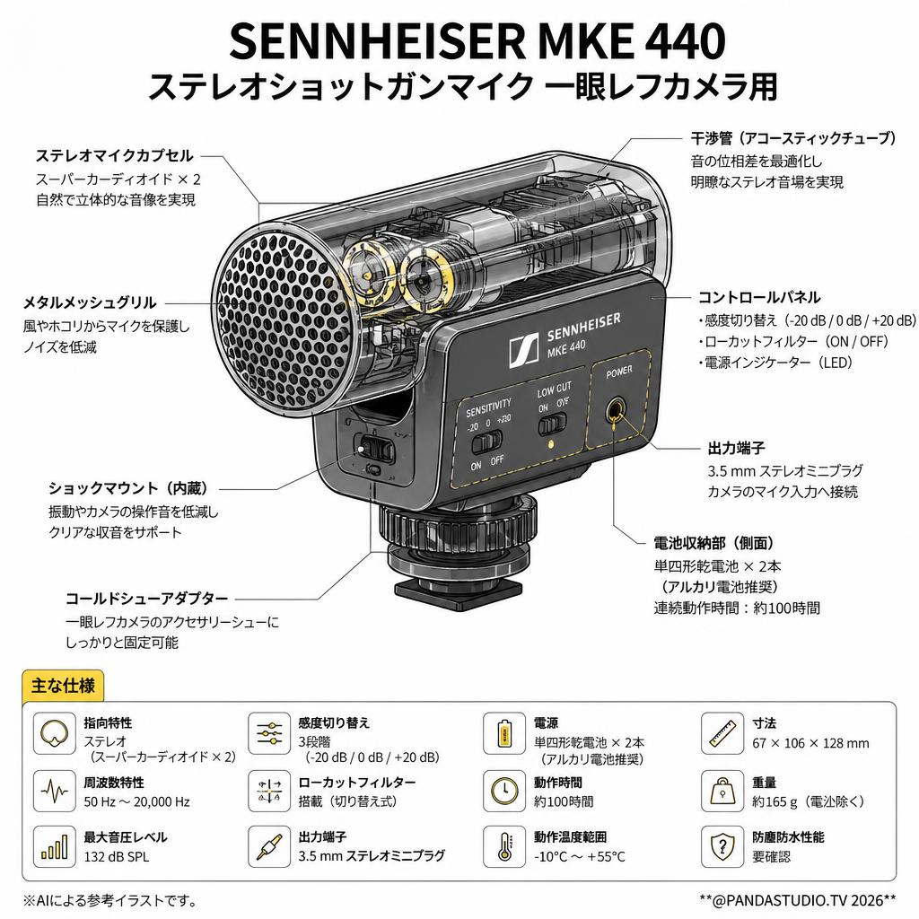 SENNHEISER MKE 440 ステレオショットガンマイク 一眼レフカメラ用 スペック