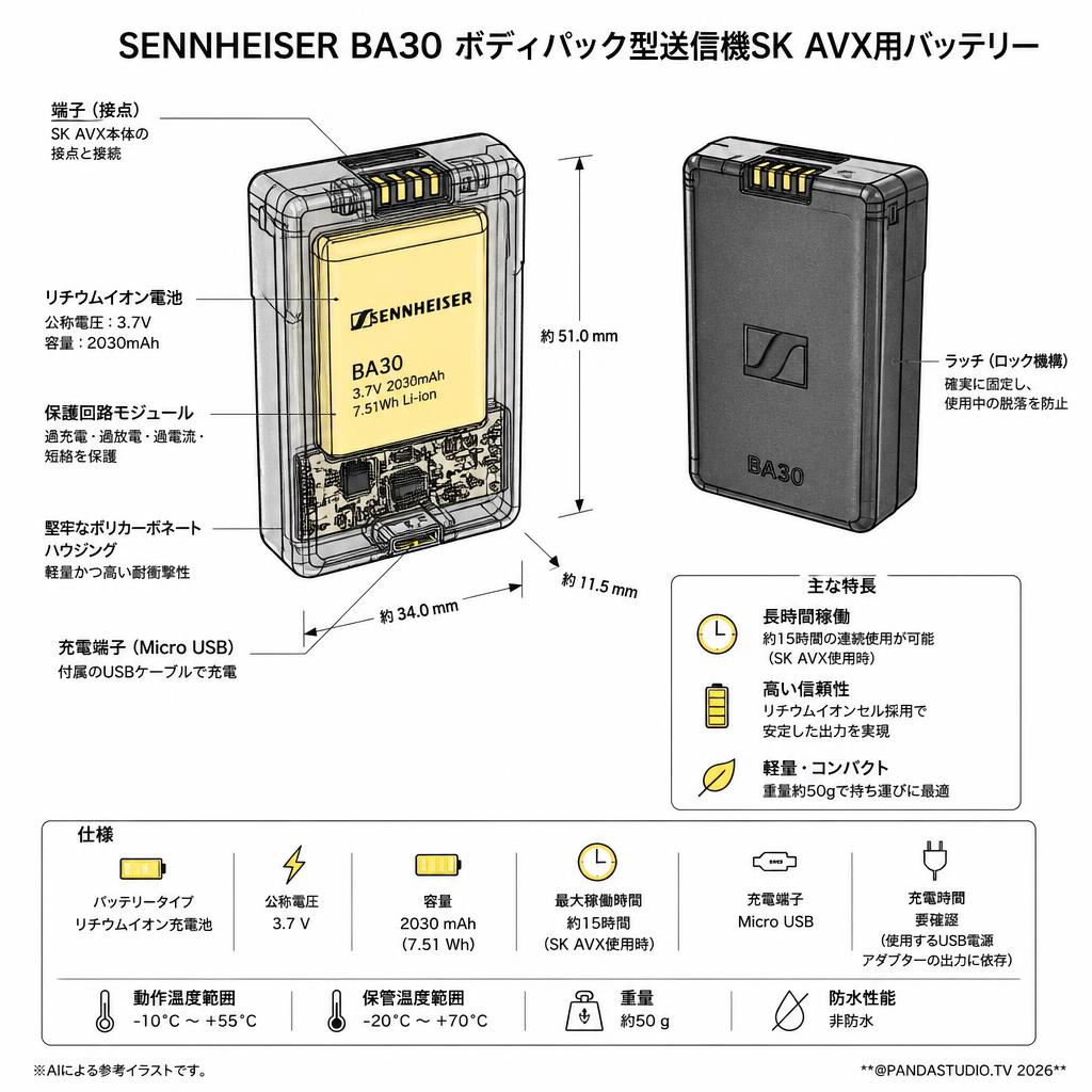 SENNHEISER BA30 ボディパック型送信機SK AVX用バッテリー スペック