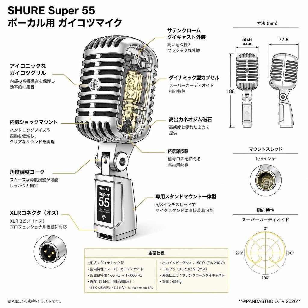 SHURE Super 55 ボーカル用 ガイコツマイク スペック