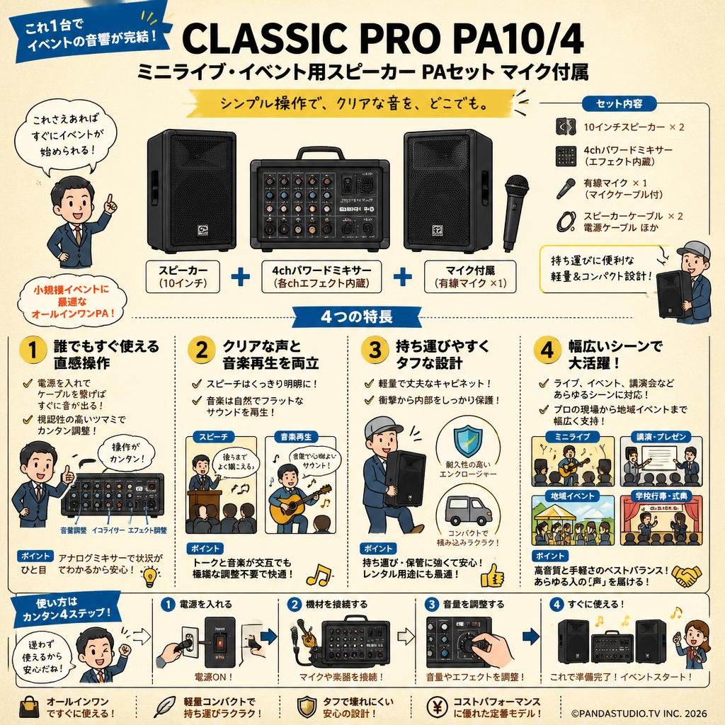 CLASSIC PRO PA10/4 ミニライブ・イベント用スピーカー PAセット マイク付属 概要