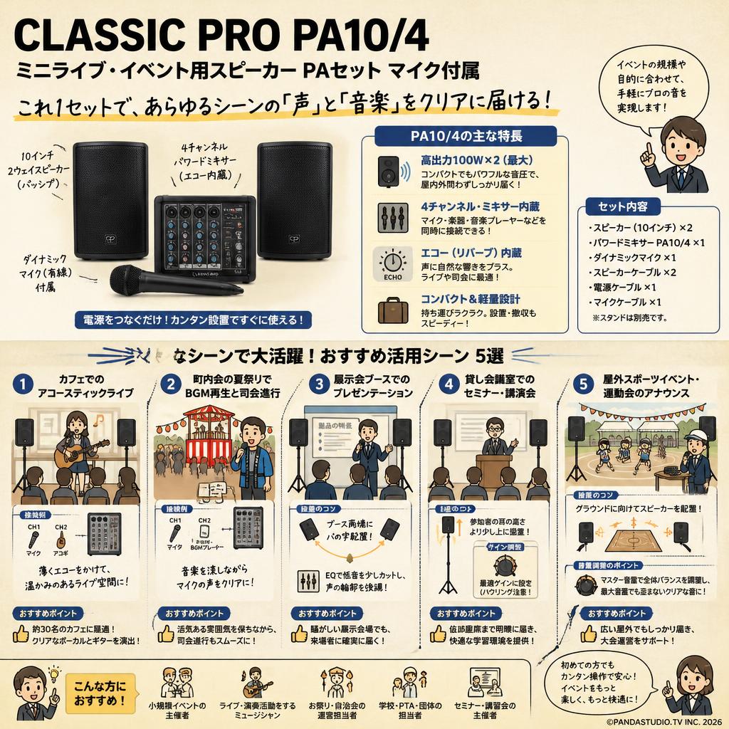 CLASSIC PRO PA10/4 ミニライブ・イベント用スピーカー PAセット マイク付属 用途