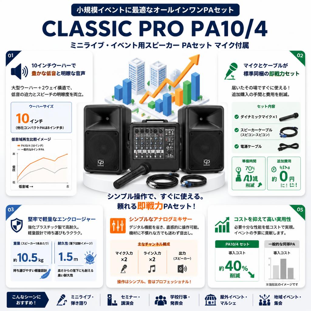 CLASSIC PRO PA10/4 ミニライブ・イベント用スピーカー PAセット マイク付属 セールスポイント