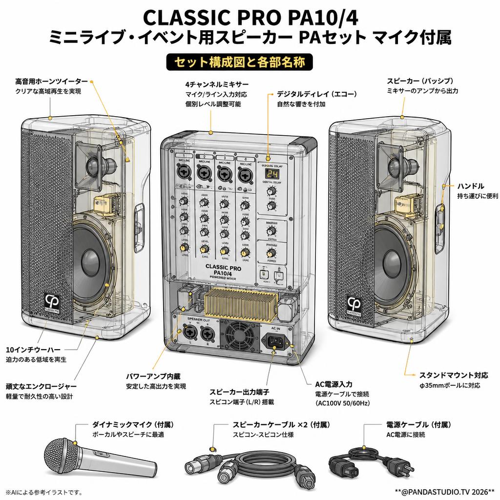 CLASSIC PRO PA10/4 ミニライブ・イベント用スピーカー PAセット マイク付属 スペック