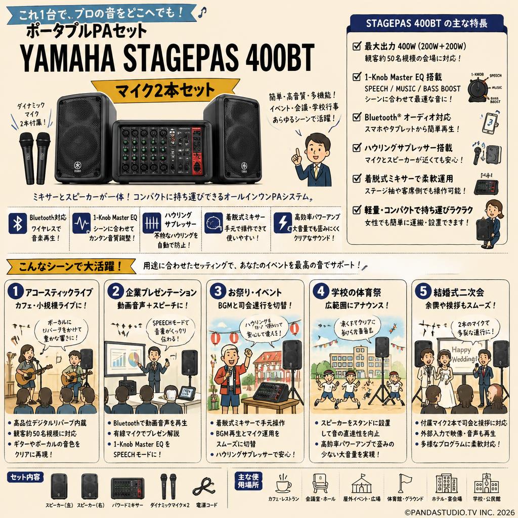 ポータブルPAセット YAMAHA STAGEPAS 400BT マイク2本セット 用途