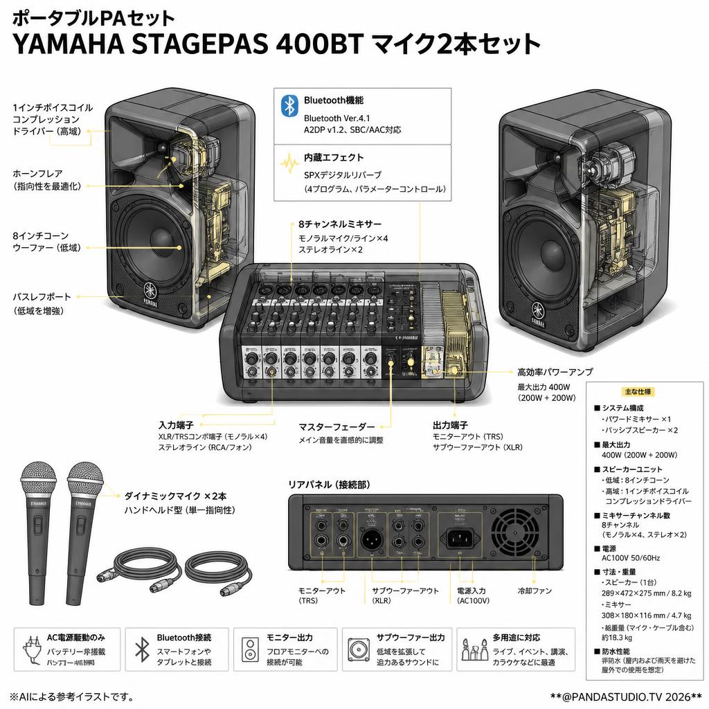 ポータブルPAセット YAMAHA STAGEPAS 400BT マイク2本セット スペック