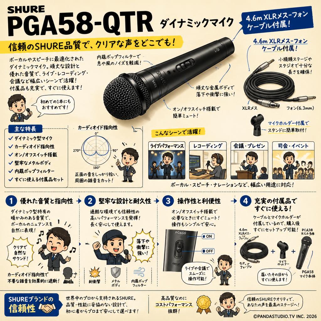 SHURE  PGA58-QTR　ダイナミックマイク 4..6mXLRメス-フォンケーブル付属 概要