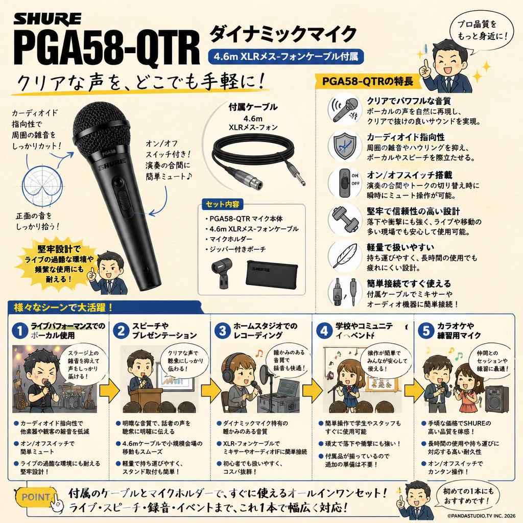 SHURE  PGA58-QTR　ダイナミックマイク 4..6mXLRメス-フォンケーブル付属 用途