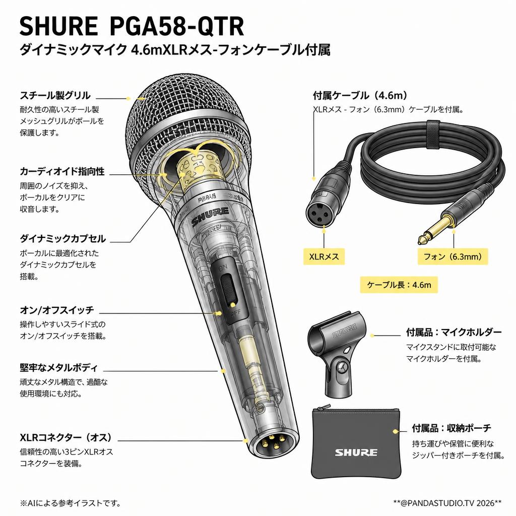 SHURE  PGA58-QTR　ダイナミックマイク 4..6mXLRメス-フォンケーブル付属 スペック