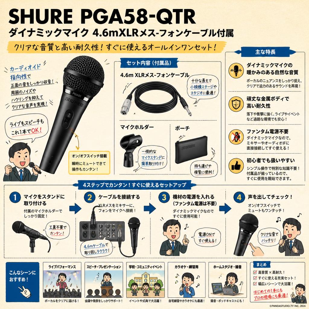 SHURE  PGA58-QTR　ダイナミックマイク 4..6mXLRメス-フォンケーブル付属 FAQ（よくある質問と答え）