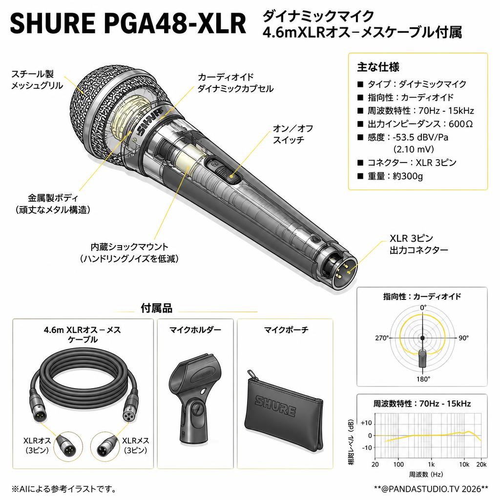 SHURE PGA48-XLR　ダイナミックマイク　4.6mXLRオス－メスケーブル付属 スペック