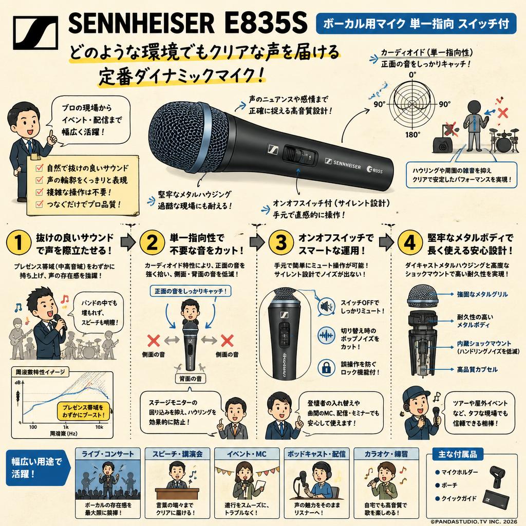 SENNHEISER  E835S ボーカル用マイク 単一指向 スイッチ付 概要