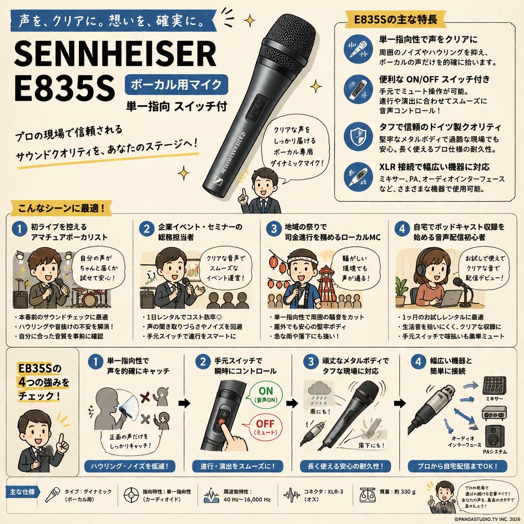 SENNHEISER  E835S ボーカル用マイク 単一指向 スイッチ付 おもな対象のお客様