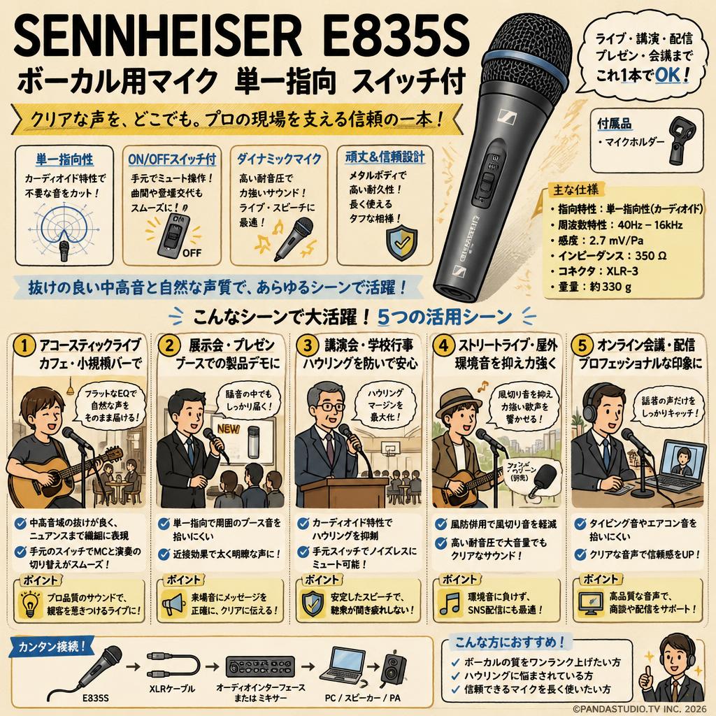SENNHEISER  E835S ボーカル用マイク 単一指向 スイッチ付 用途