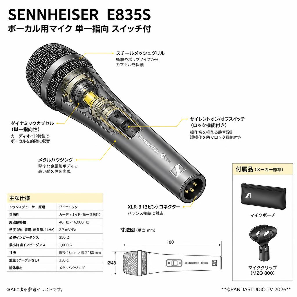 SENNHEISER  E835S ボーカル用マイク 単一指向 スイッチ付 スペック