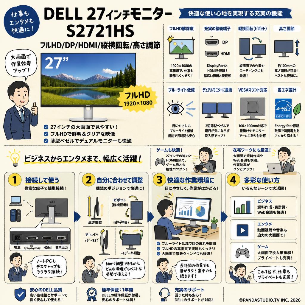 DELL 27インチモニター S2721HS　フルHD/DP/HDMI/縦横回転/高さ調節 FAQ（よくある質問と答え）
