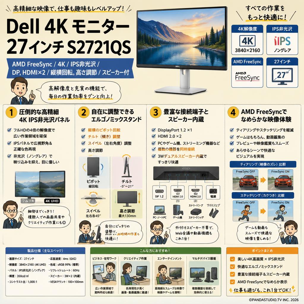 Dell 4K モニター 27インチ S2721QS AMD FreeSyn/4K/IPS非光沢/DP,HDMIx2/縦横回転,高さ調節/スピーカー付 概要