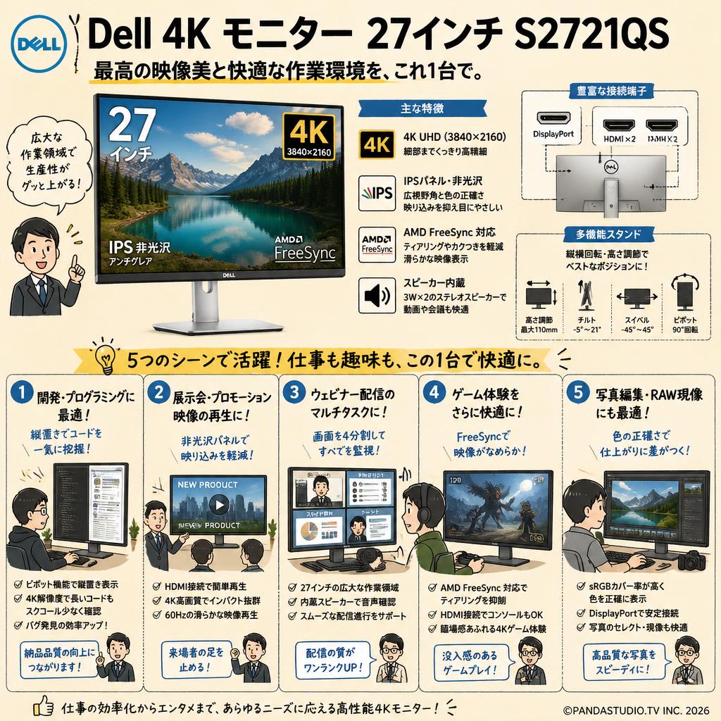 Dell 4K モニター 27インチ S2721QS AMD FreeSyn/4K/IPS非光沢/DP,HDMIx2/縦横回転,高さ調節/スピーカー付 用途