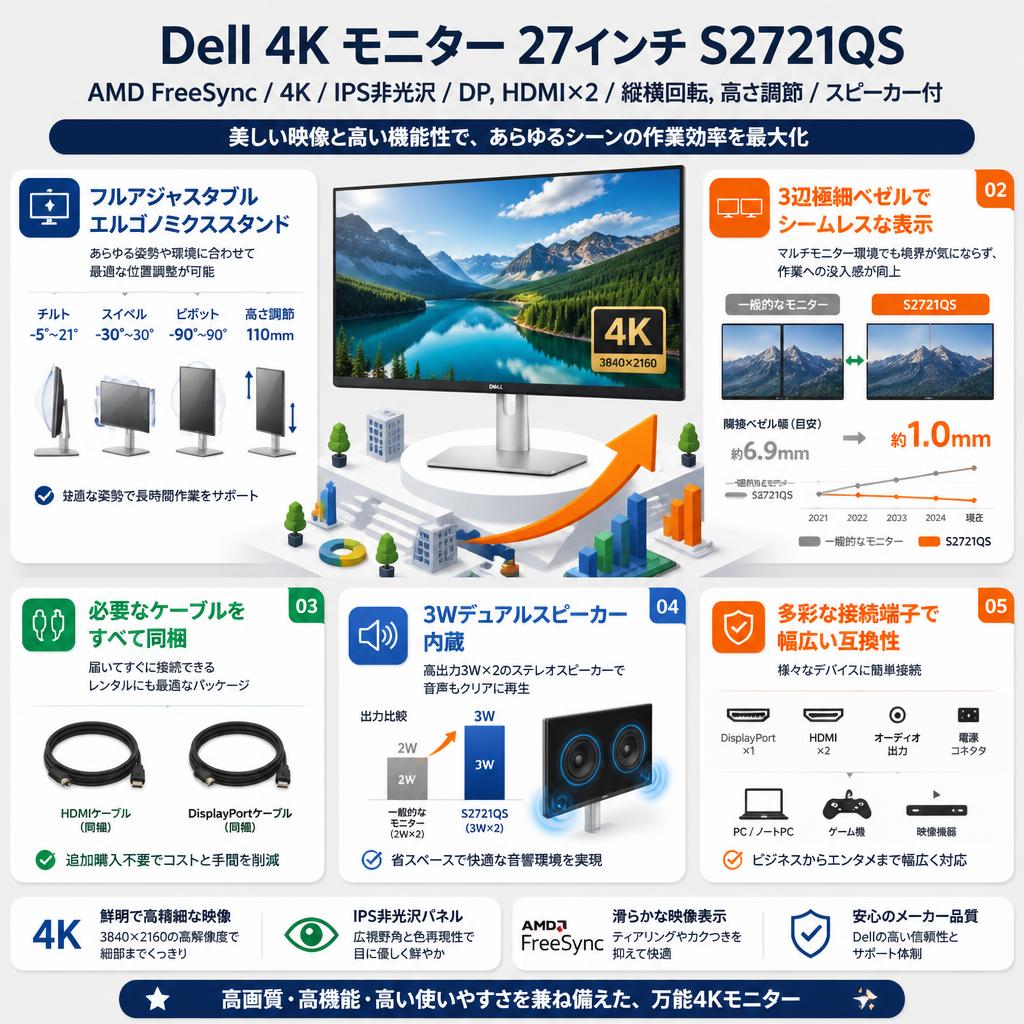 Dell 4K モニター 27インチ S2721QS AMD FreeSyn/4K/IPS非光沢/DP,HDMIx2/縦横回転,高さ調節/スピーカー付 セールスポイント