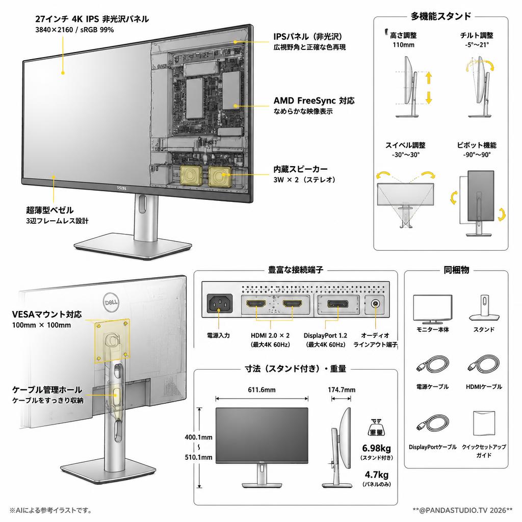 Dell 4K モニター 27インチ S2721QS AMD FreeSyn/4K/IPS非光沢/DP,HDMIx2/縦横回転,高さ調節/スピーカー付 スペック