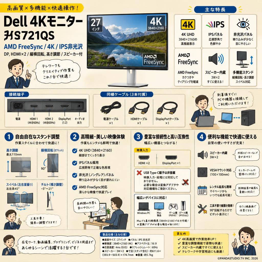 Dell 4K モニター 27インチ S2721QS AMD FreeSyn/4K/IPS非光沢/DP,HDMIx2/縦横回転,高さ調節/スピーカー付 FAQ（よくある質問と答え）