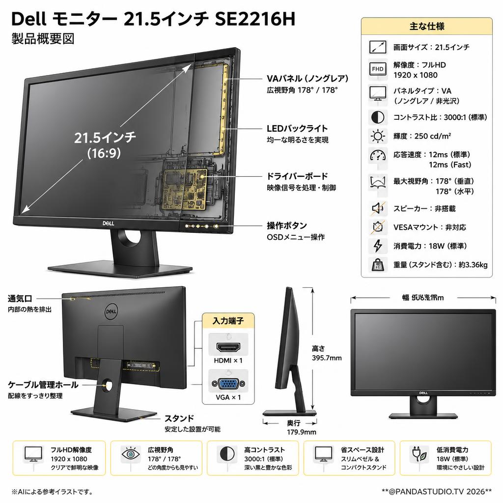 Dell モニター 21.5インチ SE2216H スペック