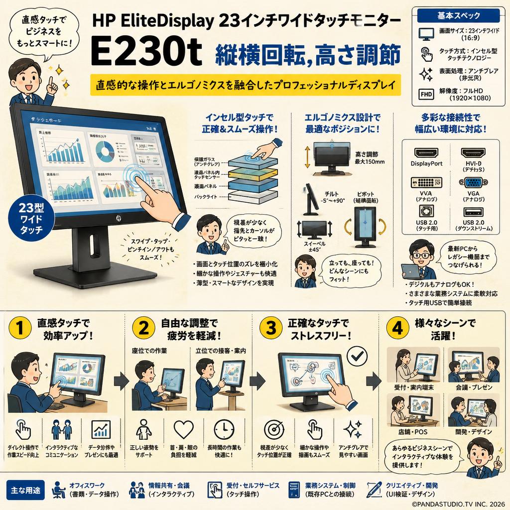 HP EliteDisplay 23インチワイドタッチモニター E230t 縦横回転,高さ調節 概要