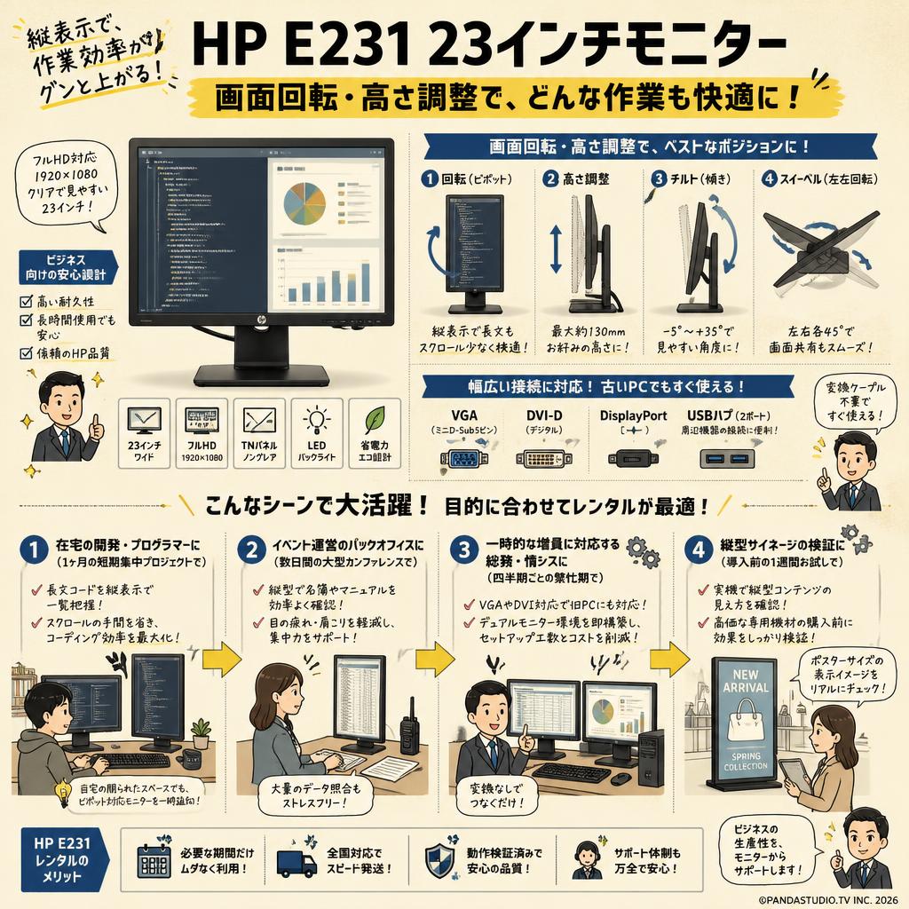 HP E231 23インチモニター  画面回転·高さ調整 おもな対象のお客様
