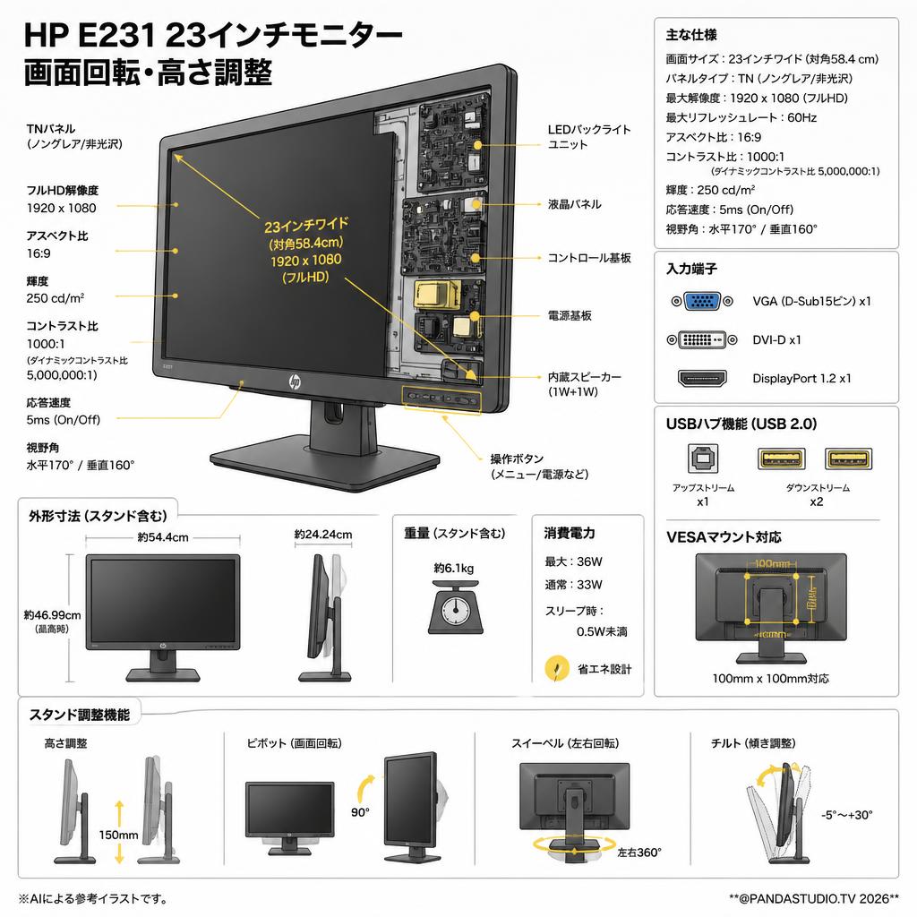 HP E231 23インチモニター  画面回転·高さ調整 スペック