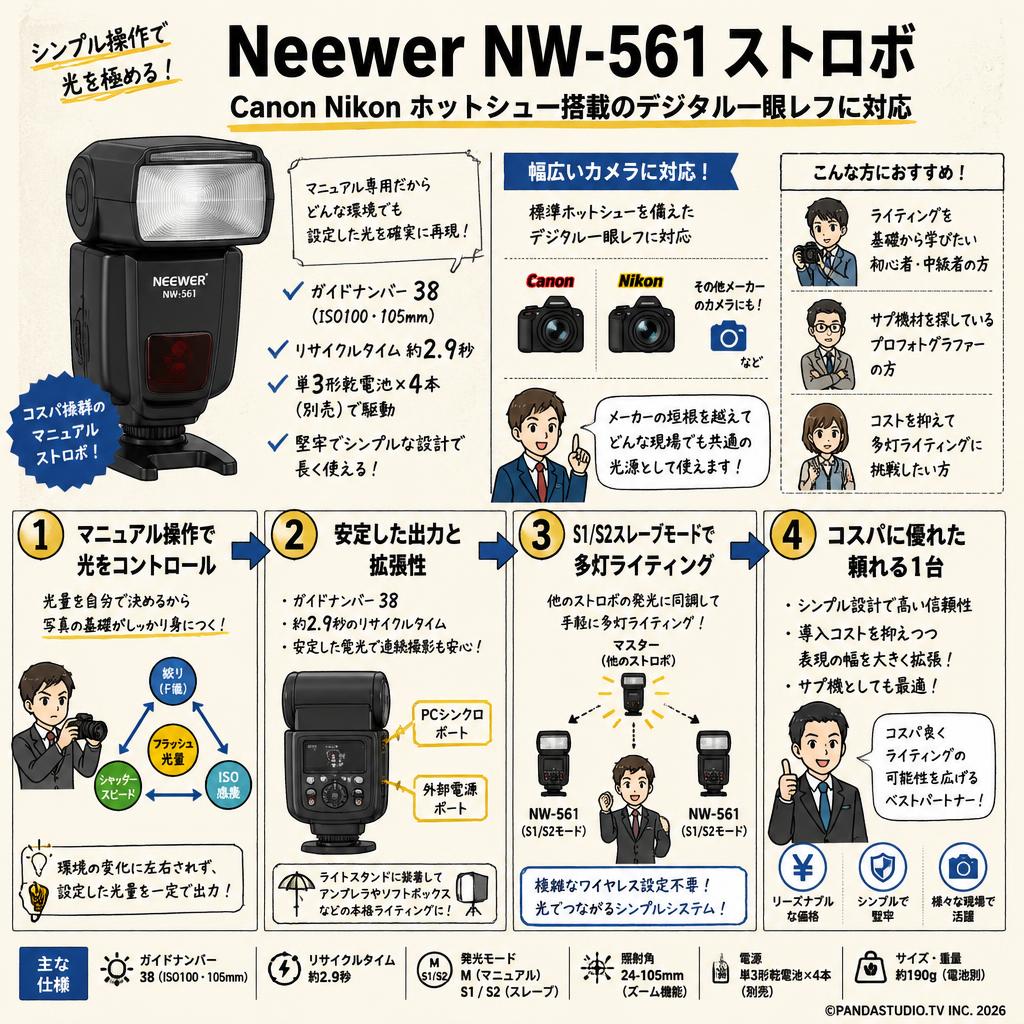 Neewer NW-561 ストロボ Canon Nikon ホットシュー搭載のデジタル一眼レフに対応 概要