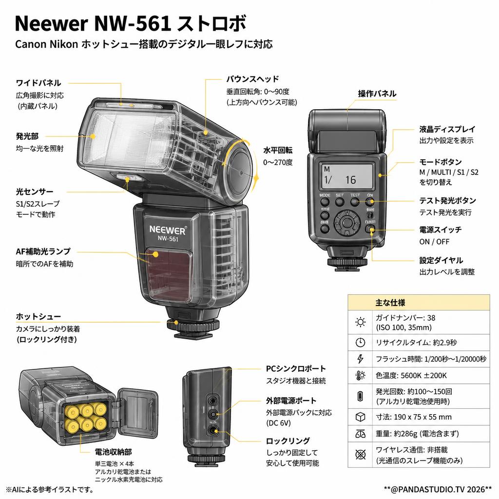 Neewer NW-561 ストロボ Canon Nikon ホットシュー搭載のデジタル一眼レフに対応 スペック