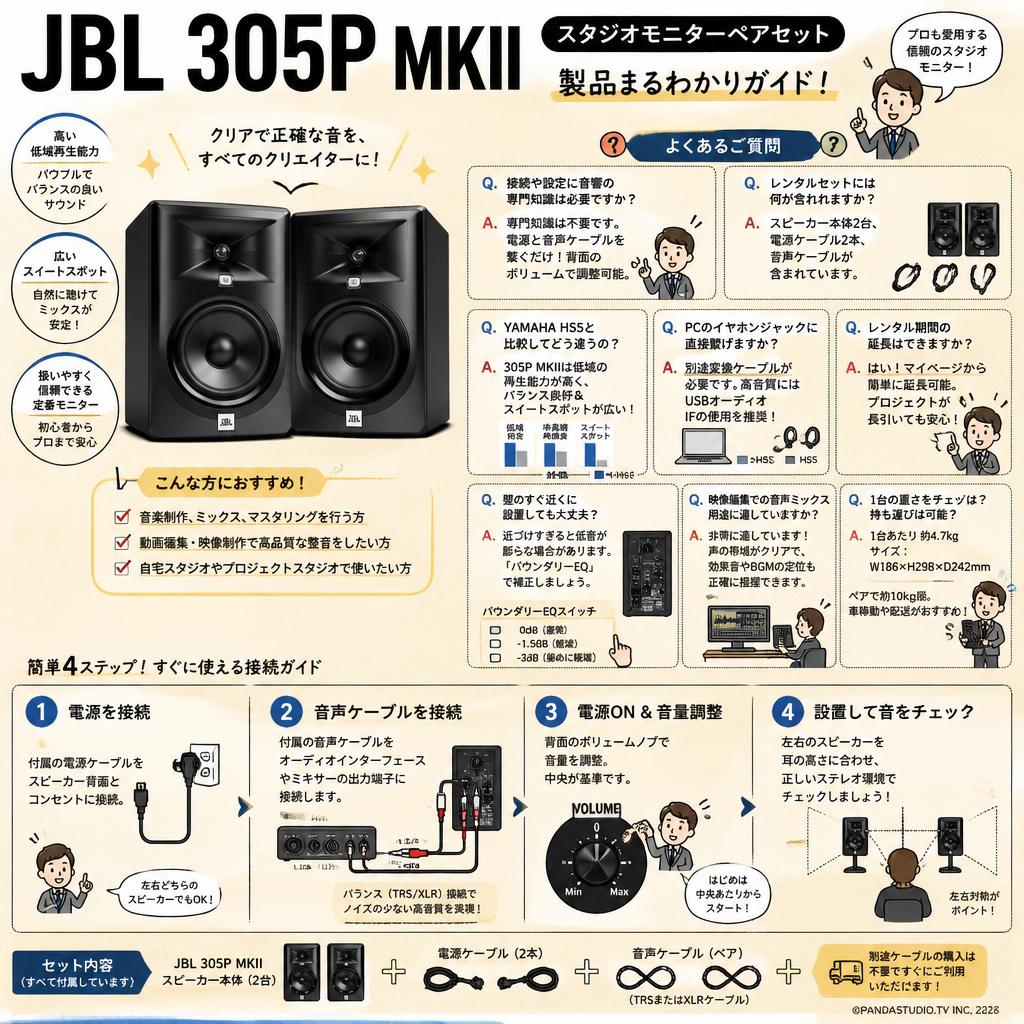 パワードモニタースピーカー！JBL 305P Mk2 ペア ケーブル付属 JBL 305P MKII スタジオモニターペアセット | パンダスタジオ