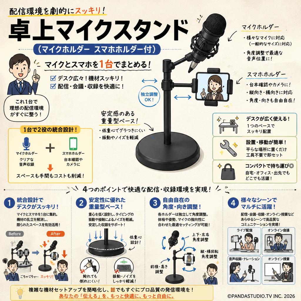 卓上マイクスタンド  (マイクホルダー スマホホルダー付） 概要