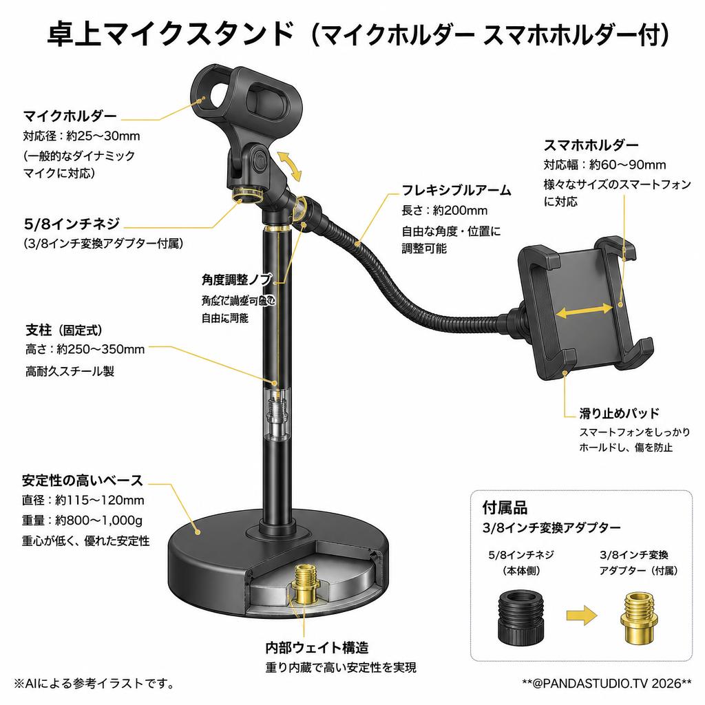 卓上マイクスタンド  (マイクホルダー スマホホルダー付） スペック