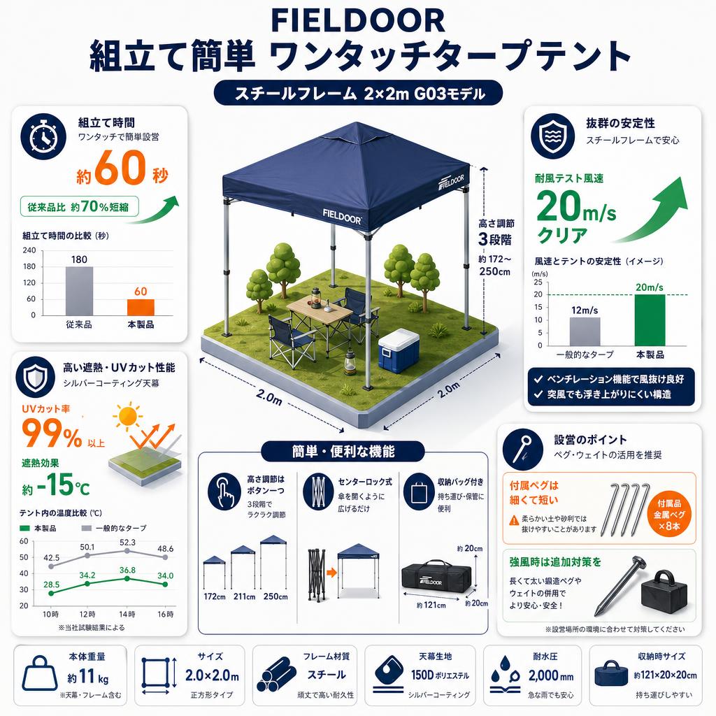 FIELDOOR 組立て簡単 ワンタッチタープテント スチールフレーム 2×2ｍ G03モデル インターネット上のお客様の声（評判）