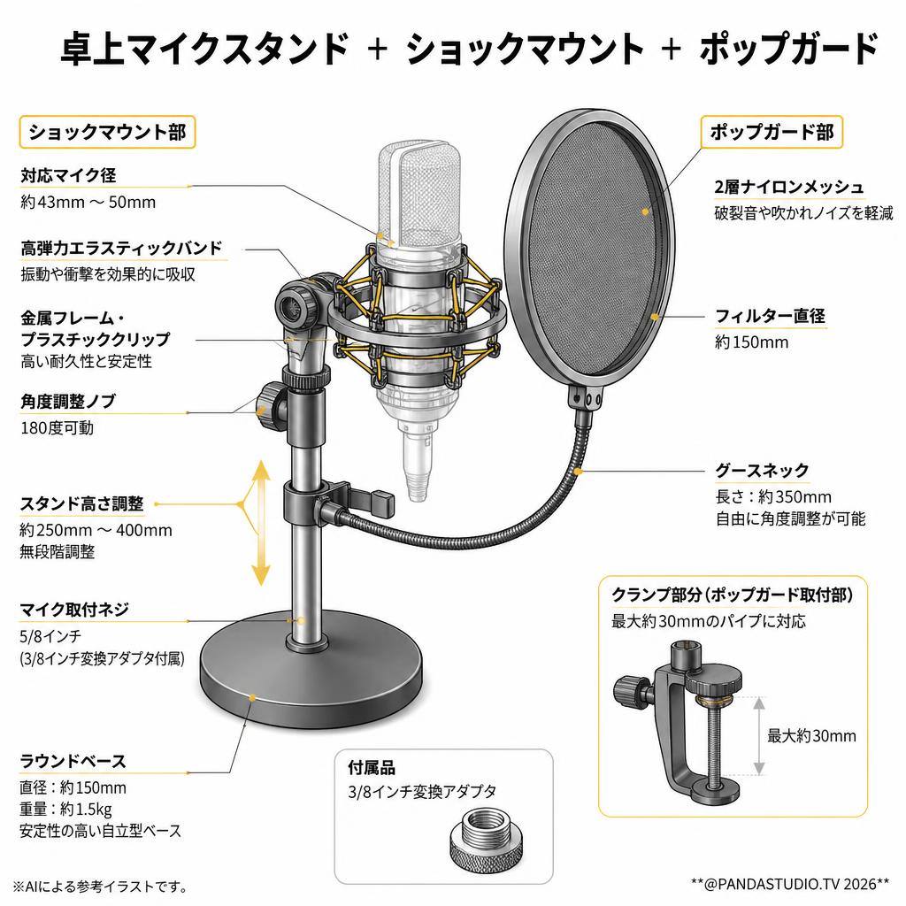 卓上マイクスタンド ＋ ショックマウント ＋ ポップガード スペック