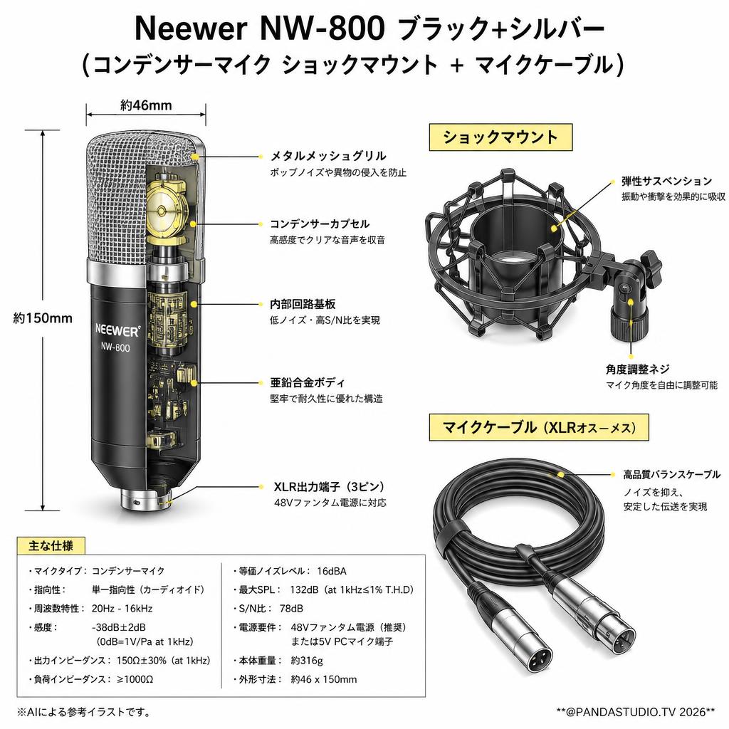 Neewer NW-800 ブラック+シルバー（コンデンサーマイク ショックマウンド ＋ マイクケーブル） スペック
