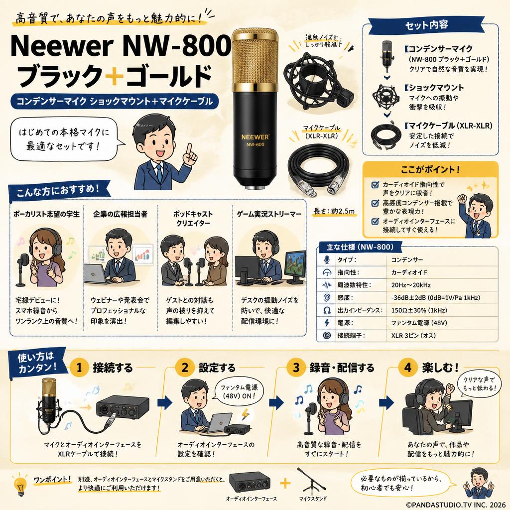 Neewer NW-800 ブラック+ゴールド（コンデンサーマイク ショックマウンド ＋ マイクケーブル） おもな対象のお客様