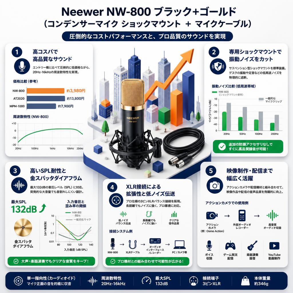 Neewer NW-800 ブラック+ゴールド（コンデンサーマイク ショックマウンド ＋ マイクケーブル） セールスポイント