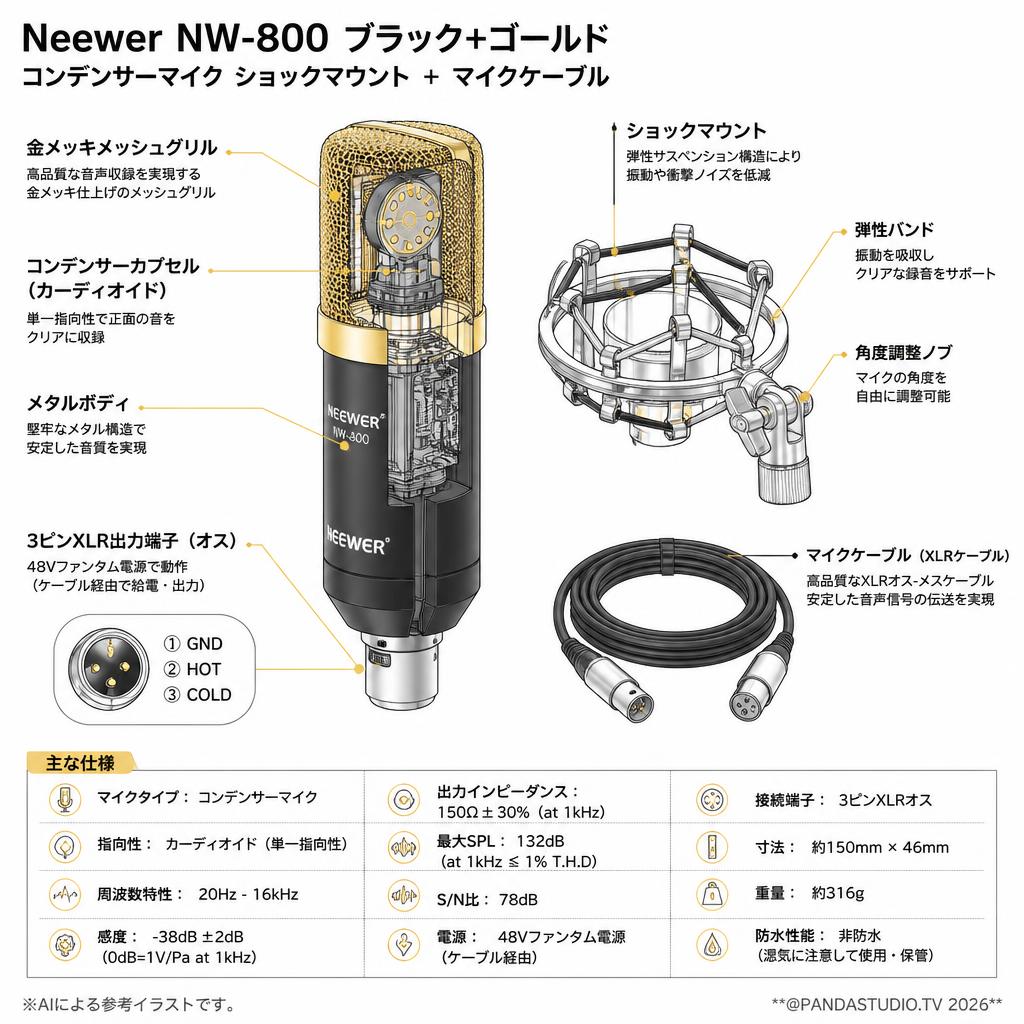 Neewer NW-800 ブラック+ゴールド（コンデンサーマイク ショックマウンド ＋ マイクケーブル） スペック