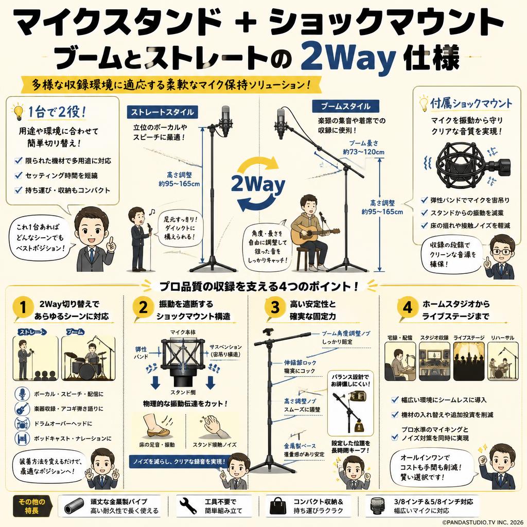 マイクスタンド  ＋ ショックマウント　ブームとストレートの2Way仕様 概要