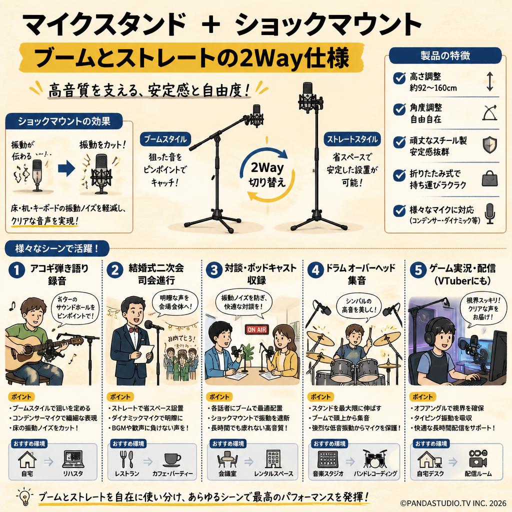 マイクスタンド  ＋ ショックマウント　ブームとストレートの2Way仕様 用途
