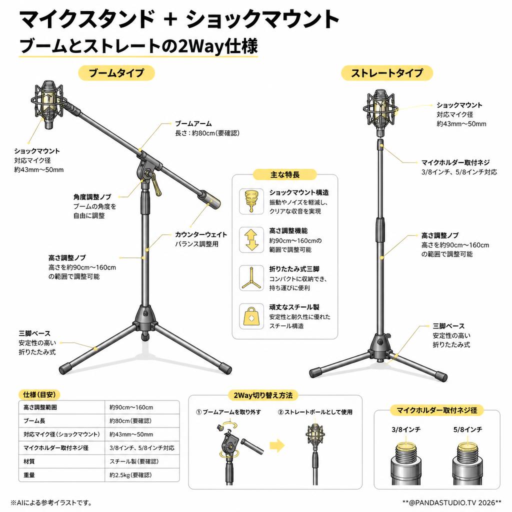 マイクスタンド  ＋ ショックマウント　ブームとストレートの2Way仕様 スペック