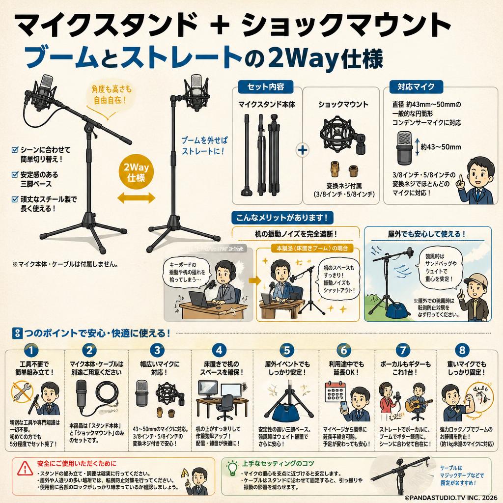 マイクスタンド  ＋ ショックマウント　ブームとストレートの2Way仕様 FAQ（よくある質問と答え）
