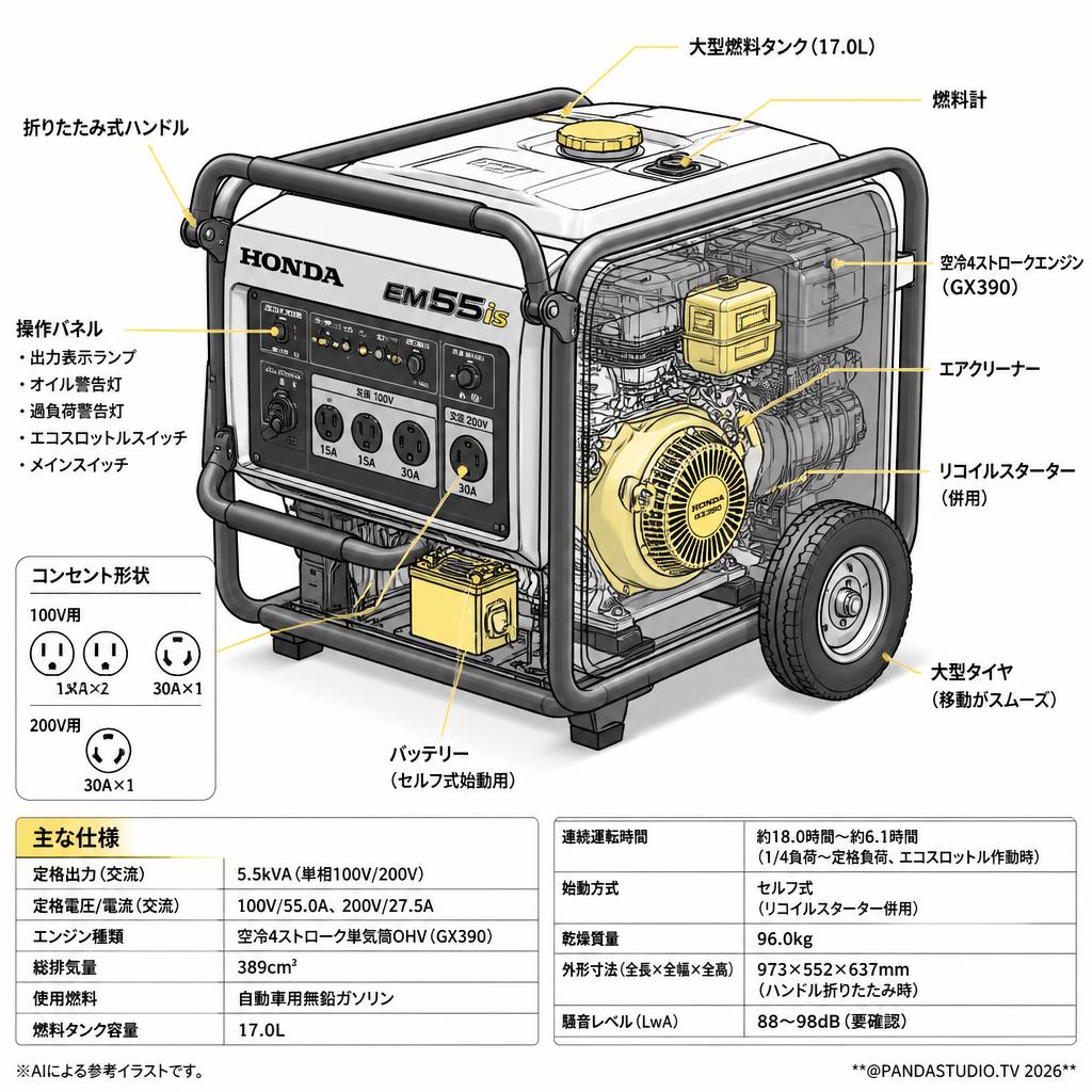 HONDA 発電機 EM55is 【5.5kVA】（木場店頭渡し・店頭返却のみ） スペック