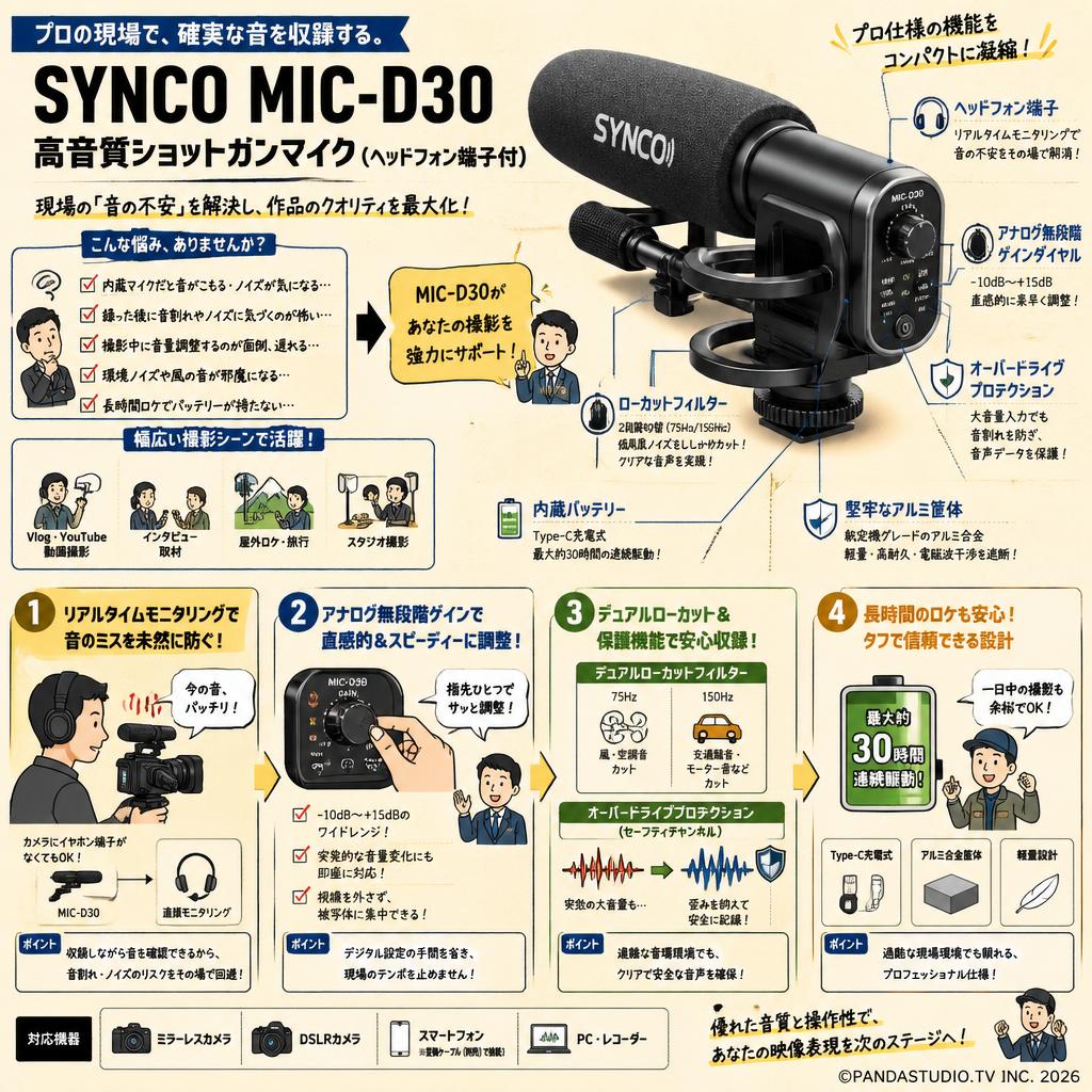 SYNCO MIC-D30 高音質ショットガンマイク（ヘッドフォン端子付