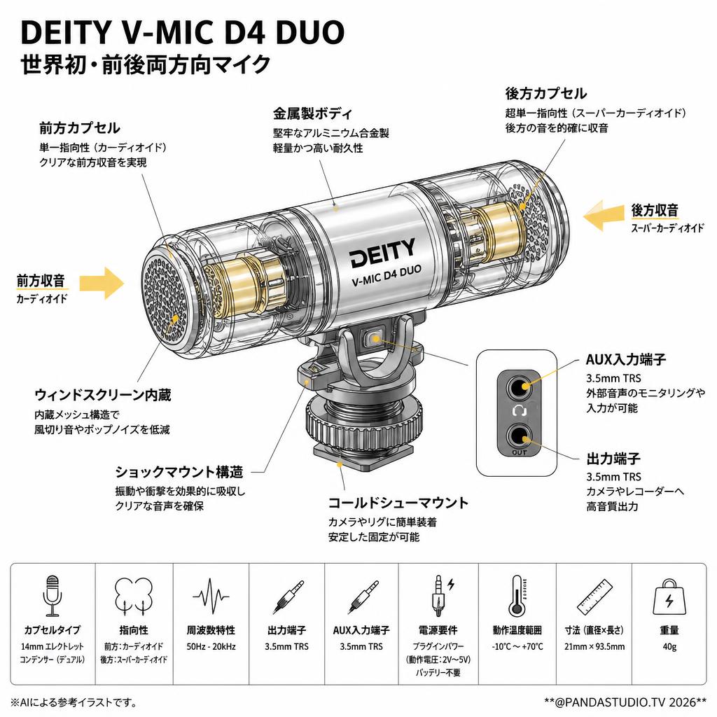 Deity Microphones V-Mic D4 Duo （世界初・前後両方向マイク） スペック