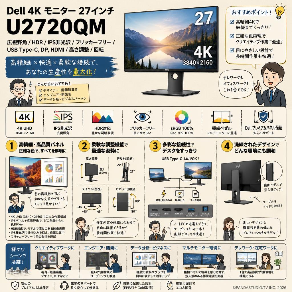 Dell 4K モニター 27インチ  U2720QM　広視野角/HDR/IPS非光沢/フリッカーフリー/USB Type-C,DP,HDMI/高さ調整/回転 概要